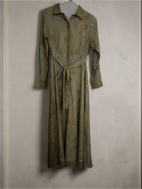 Tie-Waist Maxi Shirt Dress in Olive Green Print